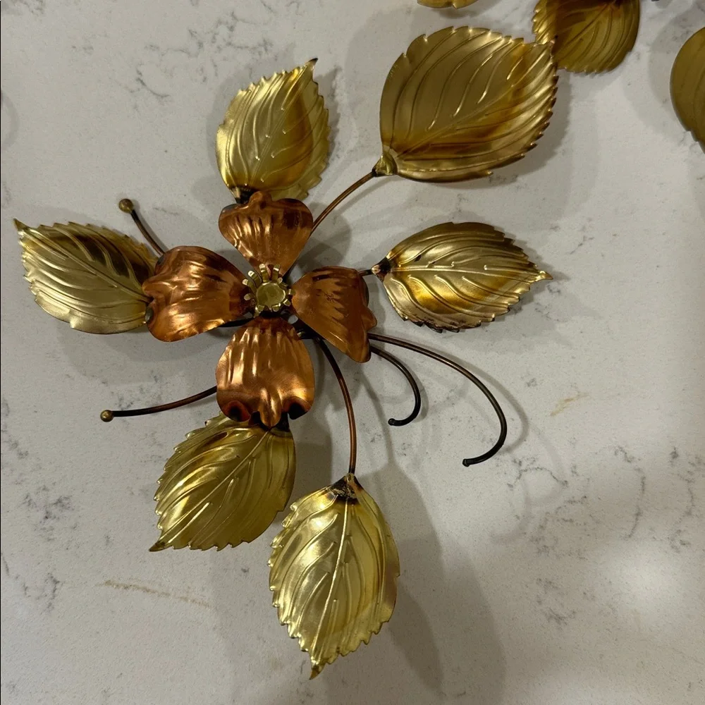 4/ Vintage Metal Flower Wall Art | Mid Century Modern Gold & Copper  / set 4